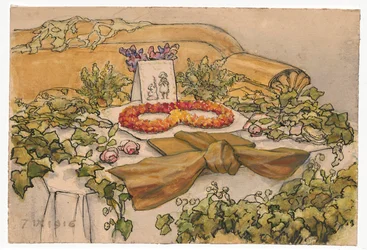 画家の妻の聖名祝日、緑で飾られたソファーとテーブル