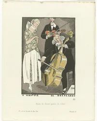Gazette du Bon Ton, 1920 - No. 9, Pl. 66: O Maitre el Relicario / リボンでトリミングされたディナー ドレス (オブジェクトのタイトル)