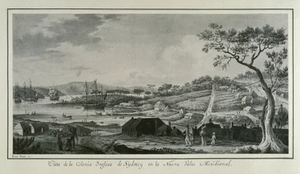 MALASPINA, Alejandro (1754-1809)。イタリア系スペイン人航海士、探検家；BRAMBILA, Fernando (1763-1834)。画家。オーストラリア（18世紀）。イギリスの植民地ニュー・サウス・ウェールズ。アレハンドロ・マルの科学探検を描いたフェルナンド・ブランビラの絵。