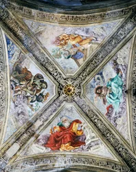 フィリッピーノ・リッピ(1457-1504)によるドームのフレスコ画、ストロッツィ礼拝堂。フィレンツェ、サンタ・マリア・ノヴェッラ教会。イタリア