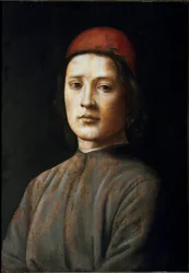 赤い帽子をかぶった青年の肖像 フィリピーノ・リッピ（1457-1504）の絵画 15世紀 フィレンツェ、ウフィツィ美術館（事務所