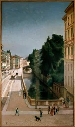 ミラノのセナート通りの運河の眺め（木に油彩