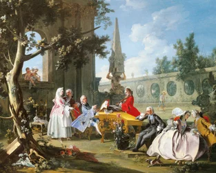 フィリッポ・ファルシアトーレ（1737-1768年活躍）の《庭でのコンサート》、油彩・カンヴァス、75.8×102cm、イタリア、ディテール、1750年頃