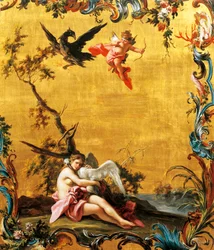 フィリッポ・ファルシアトーレ（1737-1768年活躍）の「レダと白鳥」は、パネルに油彩で描かれています。