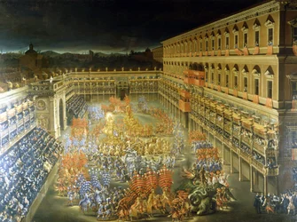 Christine de Suede (スウェーデンのクリスティーヌ)、1656 年 2 月 28 日 Filippo Lauri (1623-1694) と Filippo Gagliardi (1659 年に死亡) による絵画。 17世紀ローマ、ローマ博物館