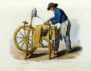 ナポリ市の小企業：ナイフ研ぎ器。F.パリッツァの絵画に基づくエングレーヴィング。フランチェスコ・デ・ブールカードの作品より "Costumi del regno di Napoli"