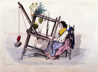 ナポリ王国の小商い：リボンを編むソレントの若い女性。F.パリッツァの絵画に基づくエングレーヴィング。フランチェスコ・デ・ブールカードの作品 "Costumi del regno di Napoli" より。
