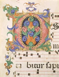 Missal 515 f.123r 葉と空想上の鳥で装飾された頭文字「O」、1449年以前に制作された聖歌隊の楽譜の細部（ヴェラム製）