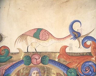 Missal 515 f.169r 幻想的な鳥、1449年以前の合唱曲集の歴史的なイニシャルを囲む装飾の詳細（ヴェラム）（56720の詳細）