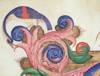 Missal 515 f.169r紅葉の周りを覗く幻想的な鳥、1449年のベラムの詳細56720の前に実行された聖歌隊の本からの歴史のあるイニシャルを囲む装飾の詳細