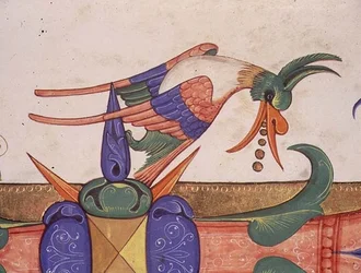 Missal 515 f.72v 幻想的な鳥、1449年以前の合唱曲集の歴史的なイニシャル「L」の装飾の詳細（ヴェラム）（56719の詳細