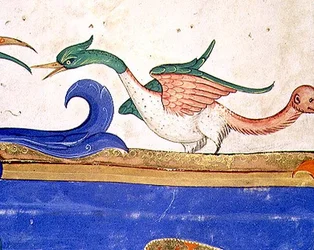 ミサル515 f.72v猿の顔をした空想上の鳥、1449年以前に実行された合唱団の本の詳細（56719の詳細）