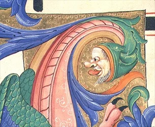 Missal 515 f.73v 顔を引っ張っている男性の頭を描いたズームフォルフィックな葉、1449年以前に制作された聖歌隊の本の歴史的なイニシャルの装飾の詳細（ヴェラム製