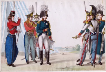 Alexandre Ier, tsar de Russie (1777-1825) - 皇帝アレクサンドル 1 世とロシア将校 - Finert (Finart), Noel Dieudonne (1797-1852) - 1815 - 紙に水彩 - 23,3x34,5 - 個人蔵