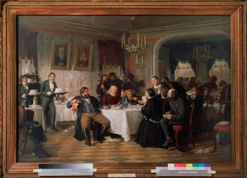 商人の葬式の宴会 - Firs Sergeevich Zhuraviev (1836-1901) による絵画、キャンバスに油彩、1870 年頃、ロシア美術 19 世紀 - State Tretyakov Gallery、モスクワ