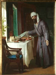 朝の二日酔い - モミの絵 Sergeevich Zhuravlev (1836-1901)、キャンバスに油彩、40x29.6 cm、19 世紀後半 - 個人蔵