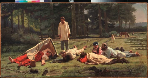 干し草の収穫で休む - モミ・セルゲイビッチ・ズラヴィエフ（1836-1901）による絵画、キャンバスに油彩