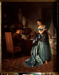 ファッションレディ、舞踏会の準備 - モミ・セルゲイヴィッチ・ズラヴィエフ（1836-1901）による絵画、キャンバスに油彩