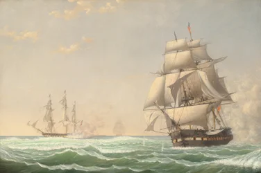 1815年、イギリス戦隊と交戦するアメリカのフリゲート「プレジデント」