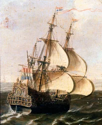 東インド諸島のオランダ会社のガレオン船 フランドル派の匿名の絵画。17世紀 ジュネスのナヴァーレ美術館