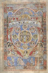 追加。 17738、f.3vヨブ記の冒頭の詩の解釈、「フロレフ聖書」のイラスト、ムーズバレー、1155年頃（ベラムにインク、色、金）