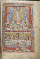 追加。 17738、f.4 キリストの変容と最後の晩餐の 2 つのレジスターにあるフルページのミニチュア、「フロレフ聖書」のイラスト、ムーズ バレー、1155 年頃（ベラムにインクと色と金）