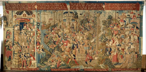 フランダースのタペストリー。 ヘレナの誘拐/de schaking van Helena)。 1475～1495年頃