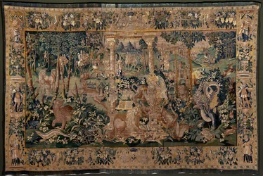 フランダースのタペストリー。 パーゴラと大きな獣のいる風景、2 つの柱。 アウデナールデのスタジオ。 319×508cm。 Inv 0023。17世紀。