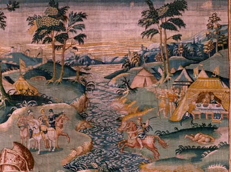 Flemish tapestry. Military camp near the river Granikos (Het legerkamp bij de rivier Granikos). Atelier of Oudenaarde. 377x393cm. Inv 83104-9 /00011. 17th century.   1319274   ja       japanese Successfully Translated  Original: After Douai, probably 1918.