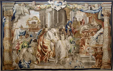 フランダースのタペストリー。 シリーズ 聖体の神格化。 モーセ律法の犠牲 (Sacrificio de la Ley Mosaica)。 ルーベンスのオリジナルからコピーされたモデル漫画。 ブリュッセルの製造。 フランス・ヴァン・デン・ヘッケによる製造。 17世紀半ば。 ファブリック シルクとウール、