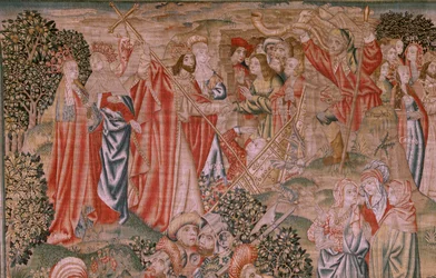 フランダースのタペストリー。 シリーズ 人間または悪徳と美徳の償還。 キリストの復活 (Resurrección de Cristo)。 シリーズの第 8 番目のタペストリー (ブルゴスに保管されている最初のタペストリー)。 ブリュッセルを製造しています。 1510年頃。生地 シルクとウール、1cmあたり7本の縦糸。