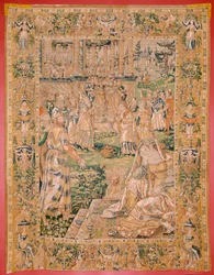 フランダースのタペストリー。 シリーズ The Book of Judith. ジュディスはホロフェルネスの頭を見せます (Judith muestra la cabeza de Holofernes)。 シリーズ9作目のタペストリー。 製造はオランダ、ブリュッセル(?)。 16世紀後半。 ファブリック ウール。 ロケーション聖教会
