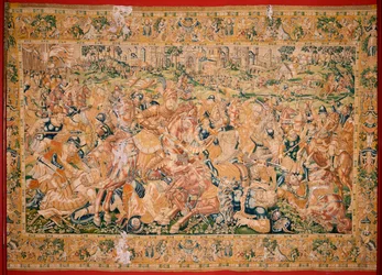 フランダースのタペストリー。 シリーズ The Book of Judith. 戦争シーン (Escena bélica)。 シリーズ第3弾のタペストリー。 製造オランダ、ブリュッセル? 16世紀後半。 ファブリック ウール。 場所 バーリの聖ニコラス教会 (2009 年に開館した博物館)。 元