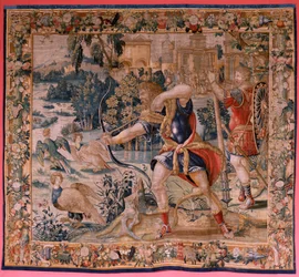 フランダースのタペストリー。 シリーズ ヘラクレスの労働。 Hercules と Stymphalian の鳥 (Hércules y las aves del lago Estínfalo)。 現存するシリーズ初のタペストリー。 モデル不明。 ブリュッセルのウィレム・デルモヤンのマニュファクチュール。 1528年頃。生地 シルクとウール。 ; サイズ