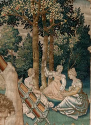 フランダースのタペストリー。 シリーズ ヘラクレスの労働。 ヘスペリデスの庭のヘラクレス (Hércules en el jardín de las Hespérides)。 現存するシリーズ第5弾のタペストリー。 モデル不明。 ブリュッセルのウィレム・デルモヤンのマニュファクチュール。 1528年頃。生地 シルクとウール。