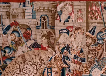 Flemish tapestry. Series The Trojan War. The Destruction of Troy (Destrucción de Troya). Eleventh tapestry in the series. Model Coëtivy Master (Henry or Conrard de Vulcop). Manufacture Tournai workshops. Ca 1470. Fabric Wool and silk, 6/7 warps per cm.   1