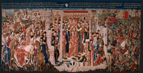 フランダースのタペストリー。 シリーズ不明。 ローマ史？ Tarquinius Priscus (タルキーノ・プリスコ)。 ブリュッセルの工房で製造?. 1475 年頃。布 ウールとシルク、1 cm あたり 6 本の縦糸。 起源 アルバ デ アリステ伯爵の寄贈品で、1608 年に大聖堂に到着しました。 ロカティ