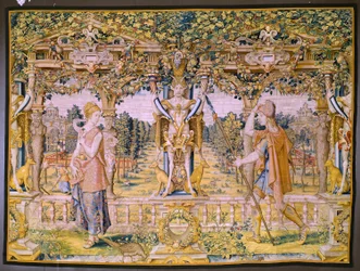 フランダースのタペストリー。 シリーズ Vertumnus and Pomona: 農夫に変身した Vertumnus (Vertumnus as farmer, Vertumno transformado and agricultor)。 ウィレム・ド・パンネメーカーのアトリエ。 1545～1550年頃。
