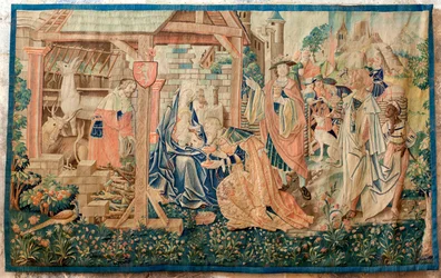 元大聖堂 (Ancienne cathédrale Notre-Dame)。 博物館のコレクション。 フランダースのタペストリー。 マギの崇拝。 ジャン・ド・モレオン司教による指揮。 シリーズの一部は、もともとジュベ (ルード スクリーン) の座席の上に掛けられていました。 16世紀。