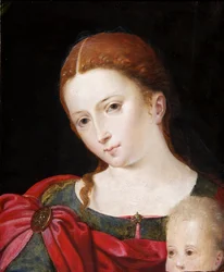 青いドレスに赤いマントを着た少女の頭と肩 1550年頃（パネルに油彩、オーク材