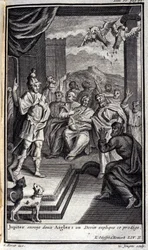 Jupiter sends two eagles: a soother explained this prodigy.1731年にアムステルダムで出版された『オデュッセー』の中の、ホメレの『オデュッセー』第2巻の挿絵、ミラノのコレクション・プライヴェート。