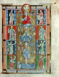 MS 340 fol.11rアバインネヒンのラバナウスM.（c.780-856）による聖十字架の賛美からのジェシーの木