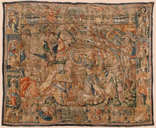 タペストリーの教区博物館 (Pastrana Parish Museum of Tapestry)。 フランダースのタペストリー。 アレクサンダーとダリウスとイプソの戦い（イプソでのアレクサンダーとダリウスの戦い）。 ブリュッセル。 ウールとシルク。 16世紀。 510×419cm。
