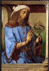 ギリシャの天文学者プトレミー（Claudius Ptolemaeus, ca. 90-168）の肖像。ペドロ・ブルゲテ（約1450-1504年前）とジャスト・オブ・ヘント（1435-1480年）による絵画。フラム