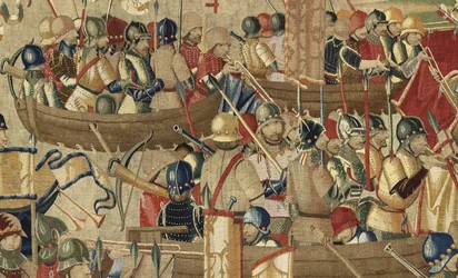 ポルトガル王アルフォンソ5世の征服を描いたタペストリー（Conquistas de Alfonso V de Portugal）、トゥルナイ。詳細(ウールとシルク)
