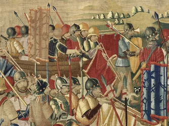 ポルトガル王アルフォンソ5世の征服を描いたタペストリー（Conquistas de Alfonso V de Portugal）、トゥルナイ。詳細(ウールとシルク)