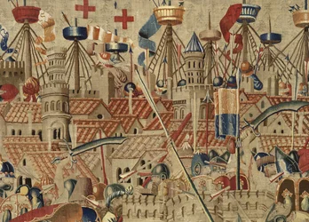 ポルトガル王アルフォンソ5世の征服を描いたタペストリー（Conquistas de Alfonso V de Portugal）、トゥルナイ。詳細(ウールとシルク)
