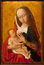 聖母子像-フランドルの巨匠の絵画、木に油彩、1475-1500年頃（聖母子像、フランドルの巨匠不明、パネルに油彩、1475-1500年頃）-リスボン（ポルトガル）の古代美術博物館