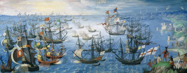 1588年8月7日の夜、岸に馬に乗ってエリザベス女王1世（1533-1603）とカレー沖のスペイン艦隊にイギリスの消防艦を発射、1605年頃（ベラムのガッシュで