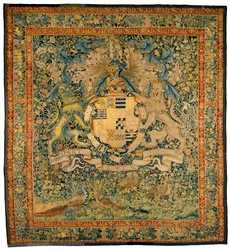 レスター伯ロバート・ダドリーの紋章入りヴェルデュール・タペストリー 1570-1585年頃 ウール、シルク